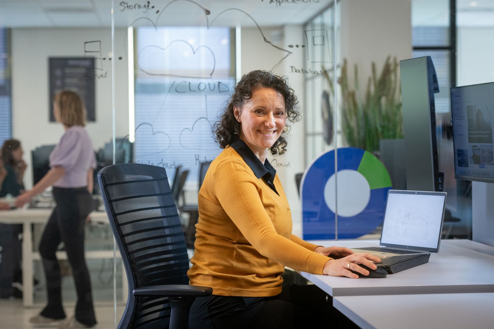Vrouwelijke ICT manager zit aan een bureau met haar rechterhand op een muis. Zij kijkt recht in de camera. Voor haar staat een opengeklapte laptop op het bureau. Op de achtergrond staat een Werkcentrum pointer regio groen.